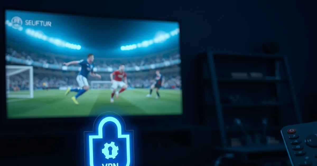Dark home theater setup at night showing a streaming device connected to a TV during a live football match, with a glowing digital shield icon symbolizing an active VPN connection.