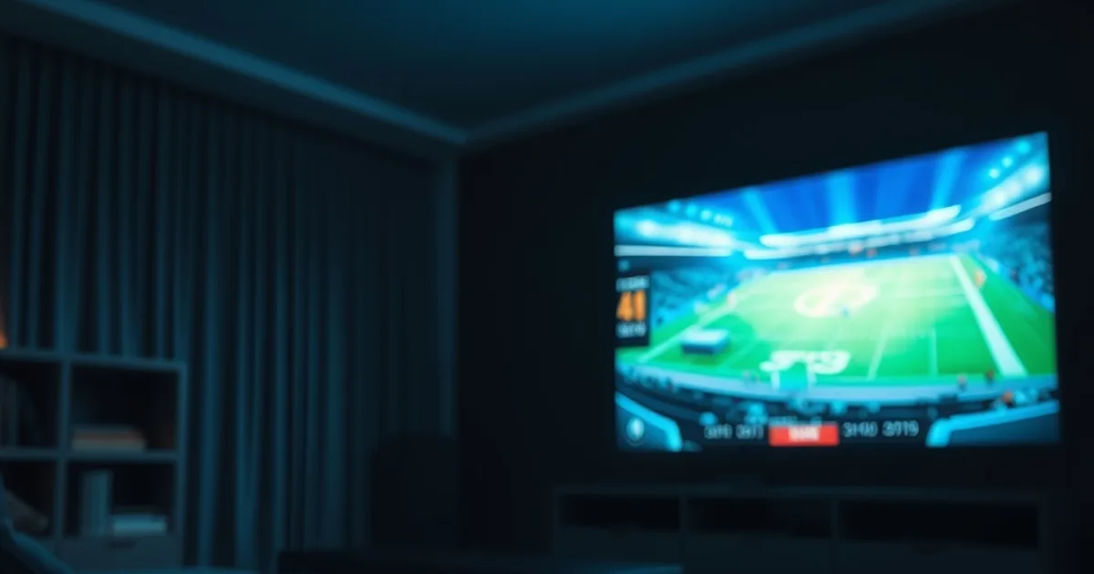 A dark, modern living room lit by the glow of a large TV showing a football field broadcast, with a streaming remote and router visible in the foreground.