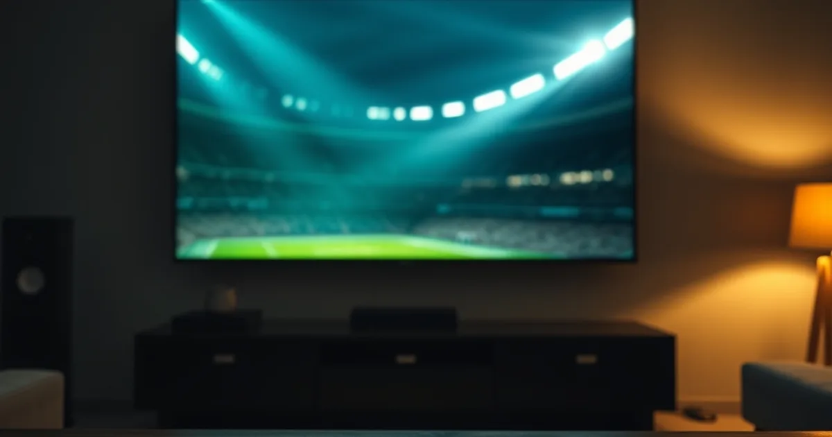Dark living room at night lit by a large TV screen glowing with stadium floodlight colors, remote control on a coffee table in the foreground
