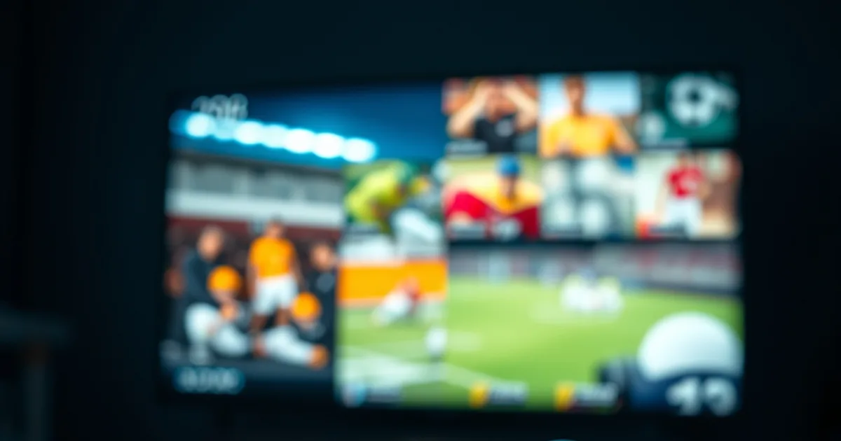 Two TV remotes beside a dark screen showing a multiview grid of sports broadcasts in moody blue and amber lighting