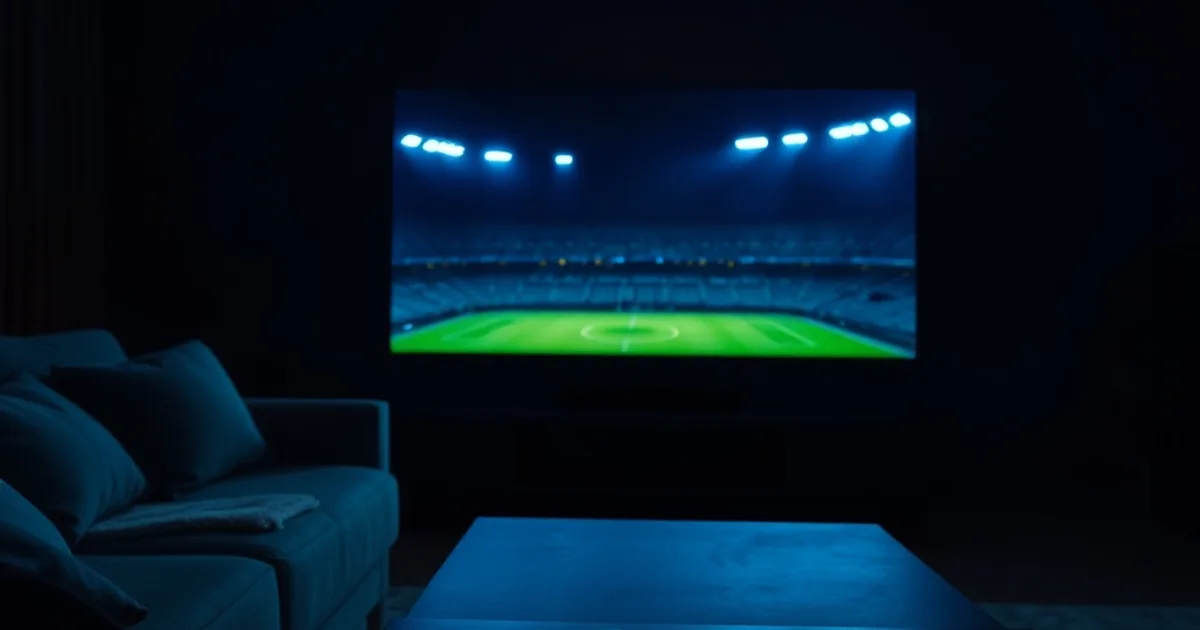 A dark living room lit only by a wall-mounted TV showing a distant floodlit football stadium, with a remote control and phone resting on the coffee table in the foreground.